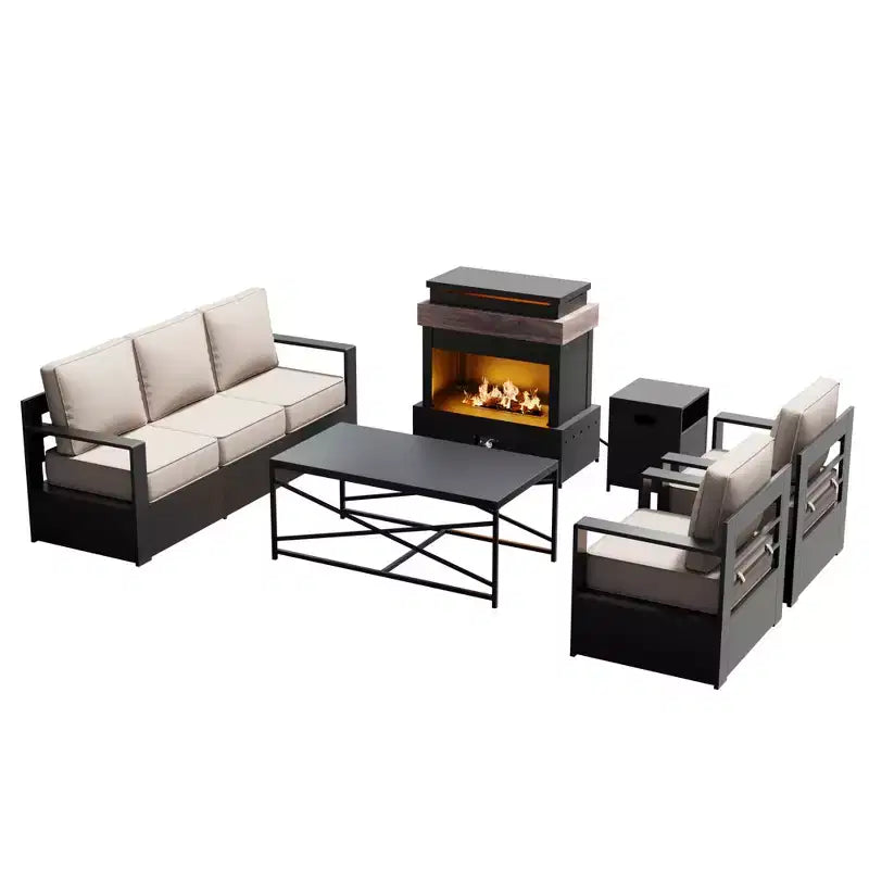 Ensemble d'extérieur 5 pièces UPTIOT : canapé 3 places, 2 chaises, foyer et table basse avec tissu oléfine imperméable pour patio/arrière-cour