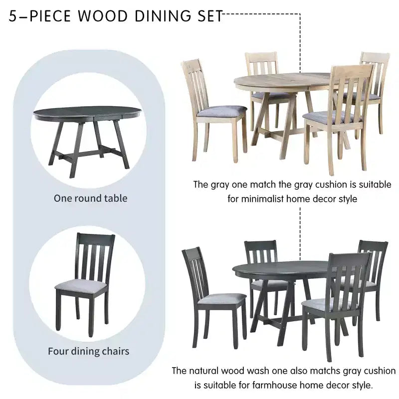 Ensemble table à manger ronde extensible, 5 pièces, table à manger en bois avec 4 chaises, ensemble de salle à manger pour 4 personnes