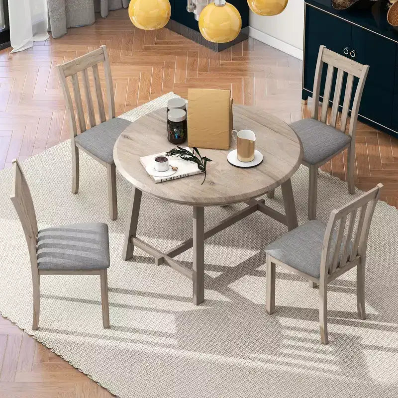 Ensemble table à manger ronde extensible, 5 pièces, table à manger en bois avec 4 chaises, ensemble de salle à manger pour 4 personnes