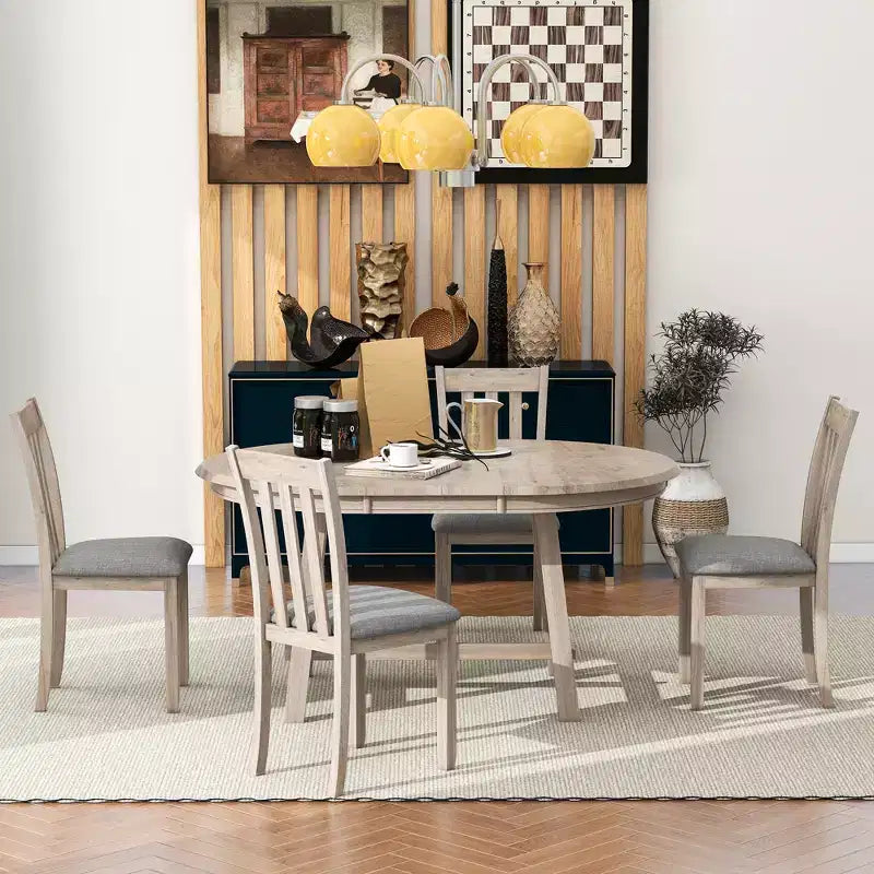 Ensemble table à manger ronde extensible, 5 pièces, table à manger en bois avec 4 chaises, ensemble de salle à manger pour 4 personnes