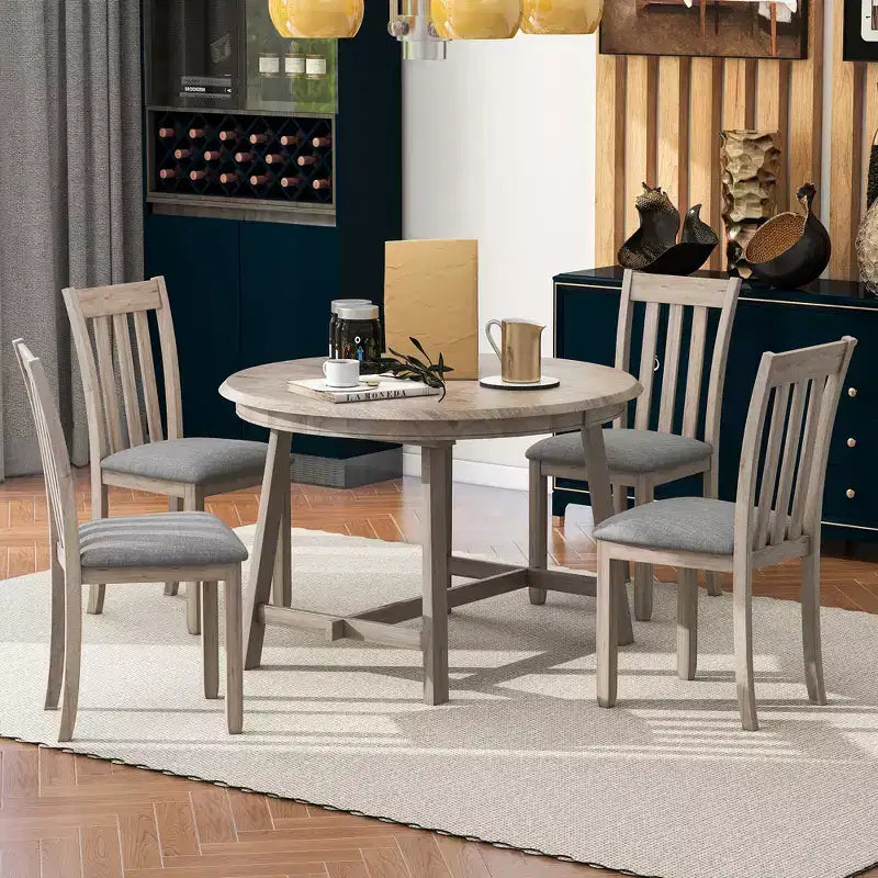 Ensemble table à manger ronde extensible, 5 pièces, table à manger en bois avec 4 chaises, ensemble de salle à manger pour 4 personnes