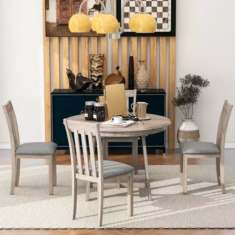 Ensemble table à manger ronde extensible, 5 pièces, table à manger en bois avec 4 chaises, ensemble de salle à manger pour 4 personnes