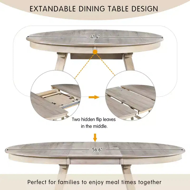 Ensemble table à manger ronde extensible, 5 pièces, table à manger en bois avec 4 chaises, ensemble de salle à manger pour 4 personnes