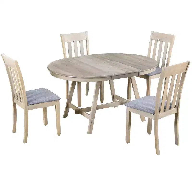 Ensemble table à manger ronde extensible, 5 pièces, table à manger en bois avec 4 chaises, ensemble de salle à manger pour 4 personnes