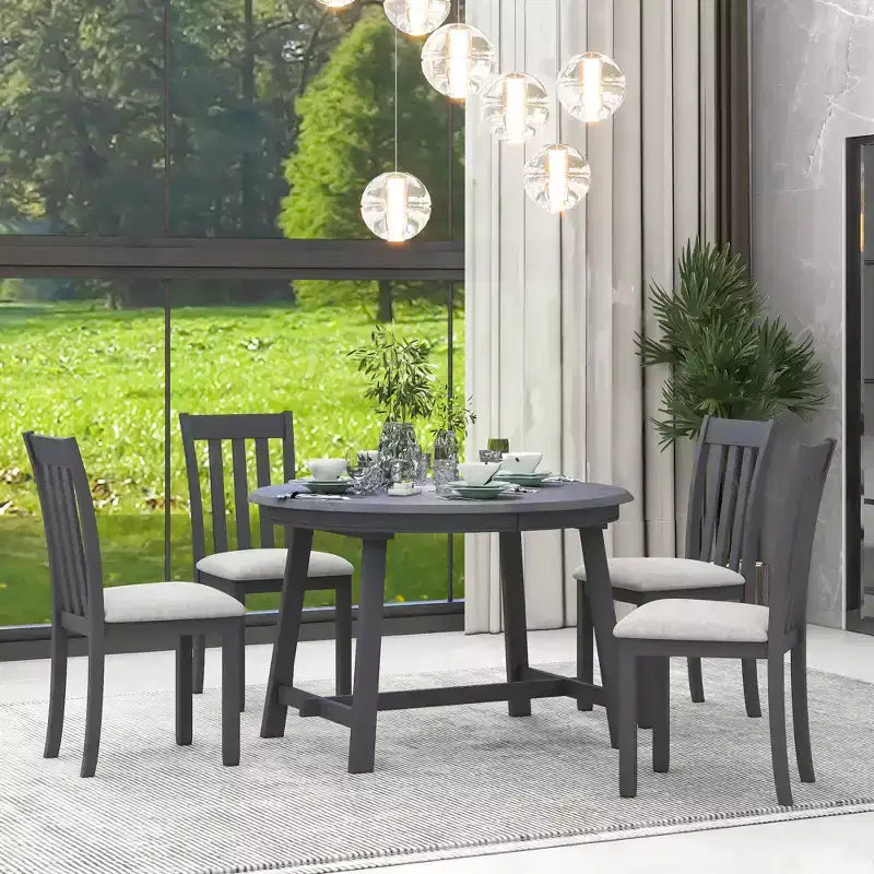 Ensemble table à manger ronde extensible, 5 pièces, table à manger en bois avec 4 chaises, ensemble de salle à manger pour 4 personnes