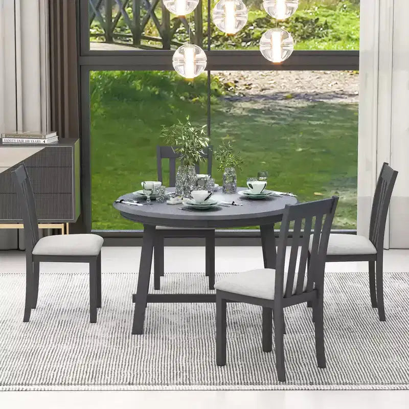 Ensemble table à manger ronde extensible, 5 pièces, table à manger en bois avec 4 chaises, ensemble de salle à manger pour 4 personnes