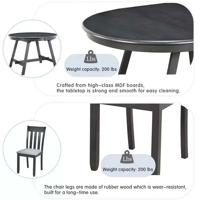 Ensemble table à manger ronde extensible, 5 pièces, table à manger en bois avec 4 chaises, ensemble de salle à manger pour 4 personnes