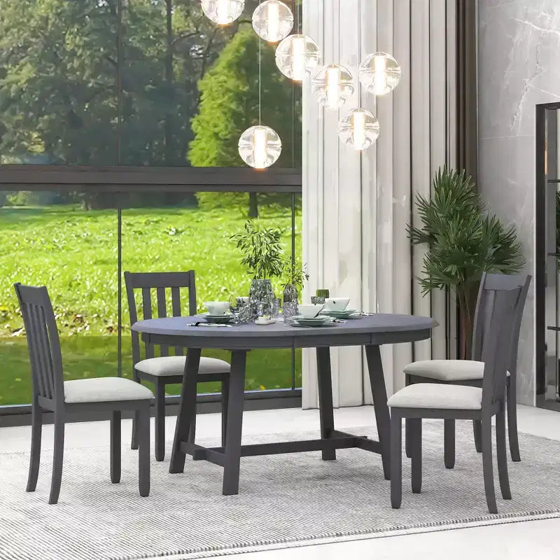 Round Extendable Dining Table Set, 5 Pieces Wood Dining Table with 4 Chairs, Dining Room Table Set for 4 person for Dining Room