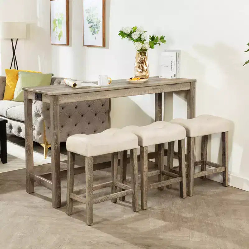 sumyeg 4 Piece Bar Table Set with Power Outlet and 3 Padded Stools for Dining or Living Room