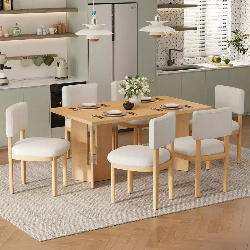 Ensemble de salle à manger Whisen Farmhouse en bois pour 6 personnes avec 6 chaises rembourrées, table de salle à manger rectangulaire de 152 cm avec pieds de table découpés