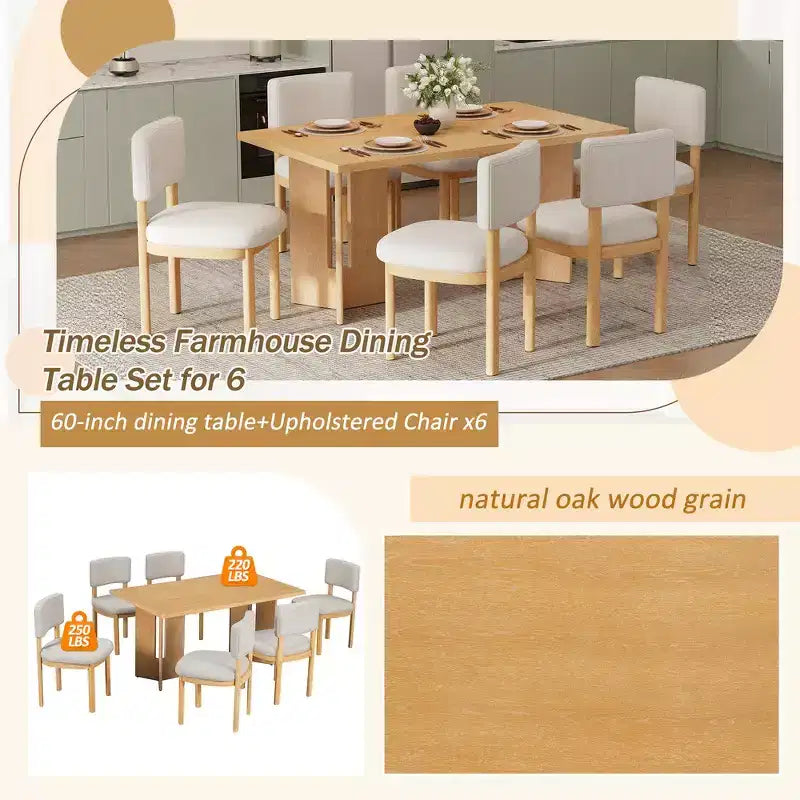 Ensemble de salle à manger Whisen Farmhouse en bois pour 6 personnes avec 6 chaises rembourrées, table de salle à manger rectangulaire de 152 cm avec pieds de table découpés