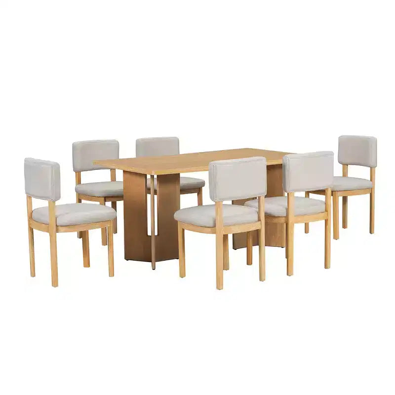 Ensemble de salle à manger Whisen Farmhouse en bois pour 6 personnes avec 6 chaises rembourrées, table de salle à manger rectangulaire de 152 cm avec pieds de table découpés