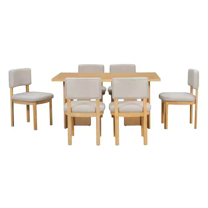 Ensemble de salle à manger Whisen Farmhouse en bois pour 6 personnes avec 6 chaises rembourrées, table de salle à manger rectangulaire de 152 cm avec pieds de table découpés