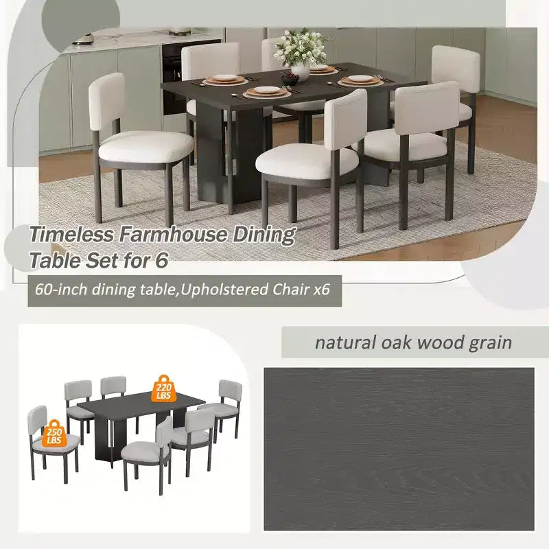 Ensemble de salle à manger Whisen Farmhouse en bois pour 6 personnes avec 6 chaises rembourrées, table de salle à manger rectangulaire de 152 cm avec pieds de table découpés