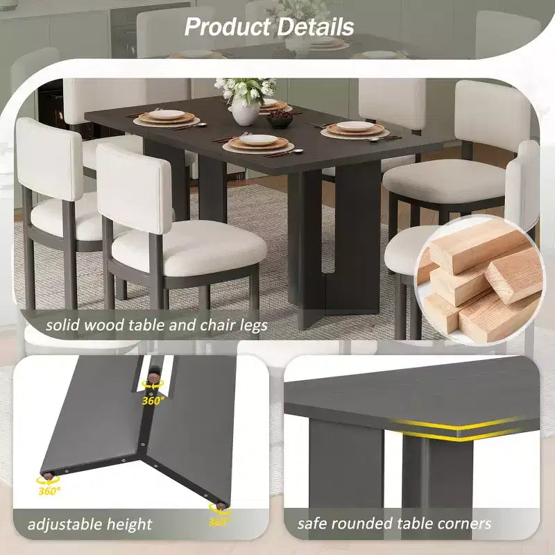 Ensemble de salle à manger Whisen Farmhouse en bois pour 6 personnes avec 6 chaises rembourrées, table de salle à manger rectangulaire de 152 cm avec pieds de table découpés