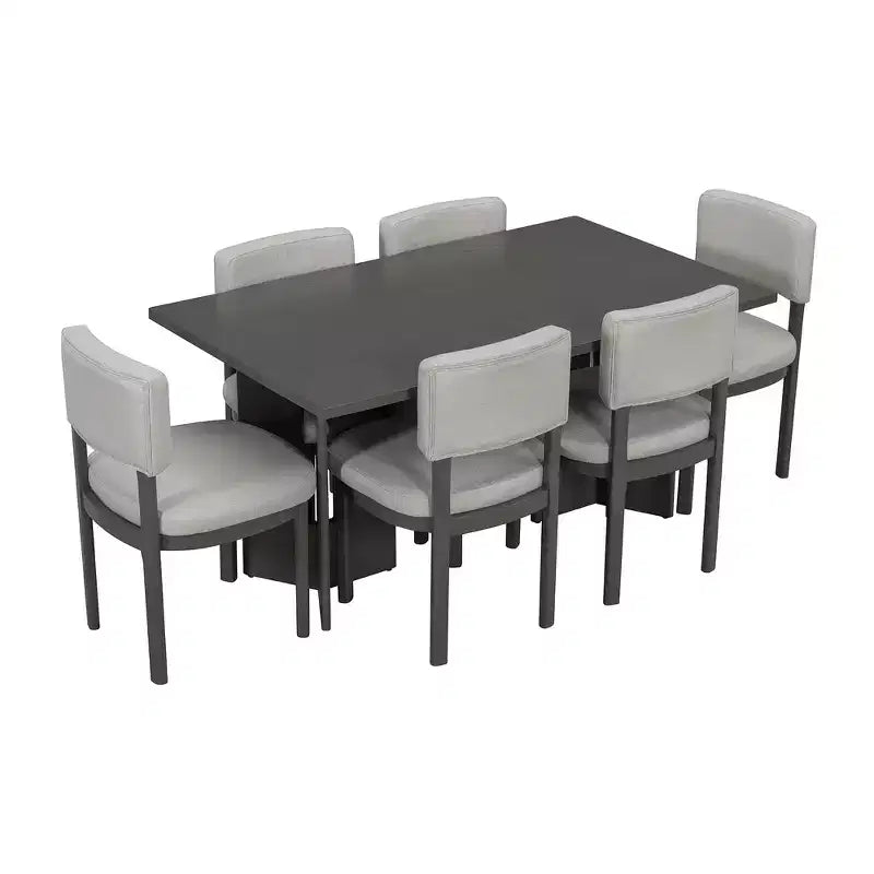 Ensemble de salle à manger Whisen Farmhouse en bois pour 6 personnes avec 6 chaises rembourrées, table de salle à manger rectangulaire de 152 cm avec pieds de table découpés