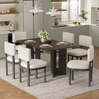 Whisen Farmhouse Wood Dining Table Set for 6 with 6 Upholstered Chairs, 60 Rectangular Dining Table with Cutout Table Legs