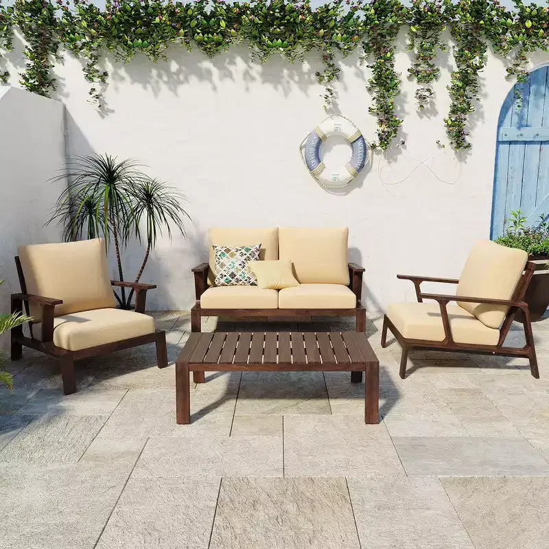 Bestier Acacia Wood Patio Sofa Set for 4 with Cushions & Coffee Table, Modern Patio Furniture