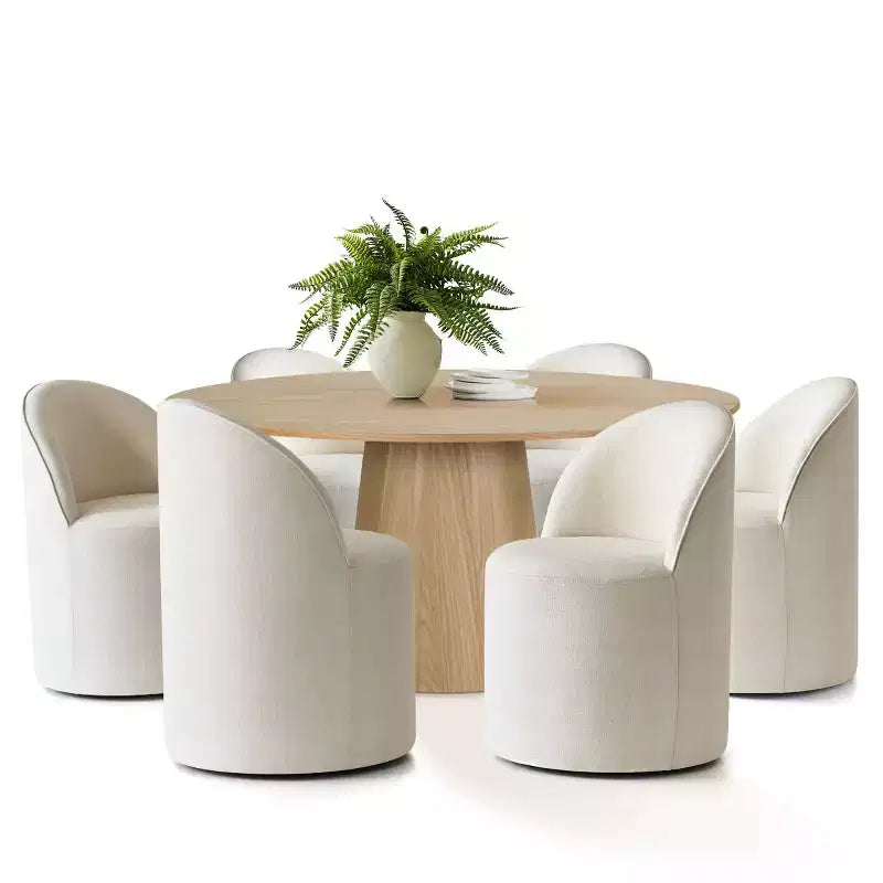 Ensemble Table à Manger Ronde 6 Places, Chaises de Salle à Manger Rembourrées à Dossier Arrondi avec Roulettes, Tissu Mélange Lin, Soutien Dorsal Incurvé - Panipeachy