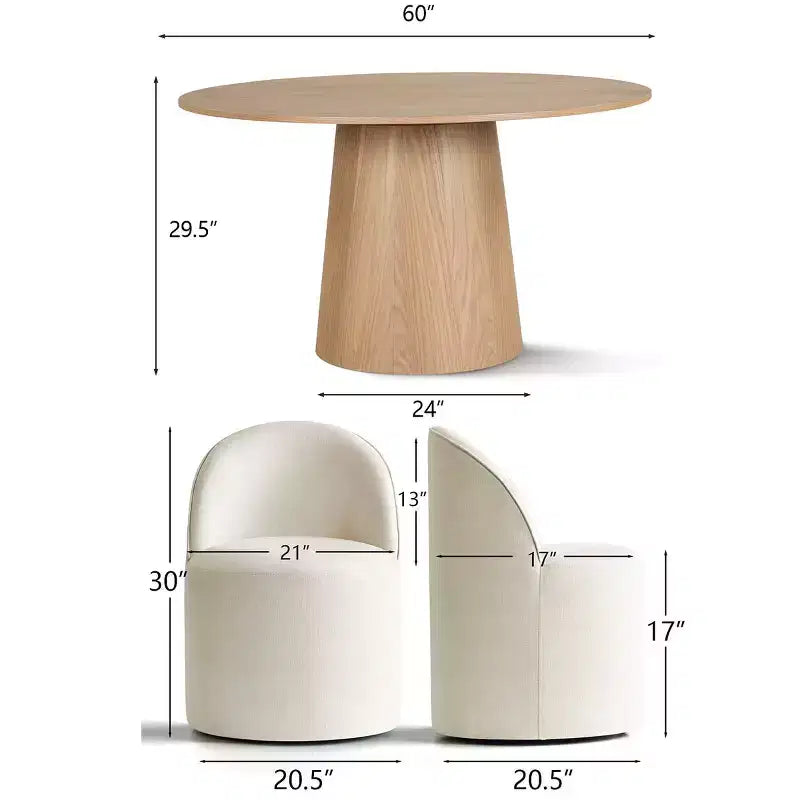 Ensemble Table à Manger Ronde 6 Places, Chaises de Salle à Manger Rembourrées à Dossier Arrondi avec Roulettes, Tissu Mélange Lin, Soutien Dorsal Incurvé - Panipeachy