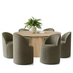 Ensemble Table à Manger Ronde 6 Places, Chaises de Salle à Manger Rembourrées à Dossier Arrondi avec Roulettes, Tissu Mélange Lin, Soutien Dorsal Incurvé - Panipeachy