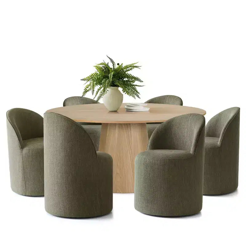 Ensemble Table à Manger Ronde 6 Places, Chaises de Salle à Manger Rembourrées à Dossier Arrondi avec Roulettes, Tissu Mélange Lin, Soutien Dorsal Incurvé - Panipeachy