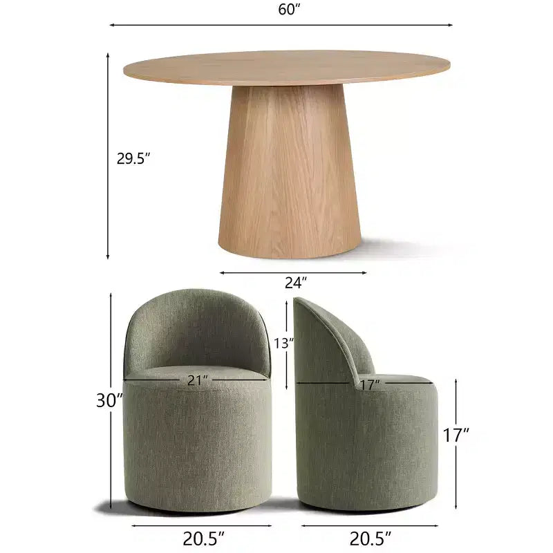 Ensemble Table à Manger Ronde 6 Places, Chaises de Salle à Manger Rembourrées à Dossier Arrondi avec Roulettes, Tissu Mélange Lin, Soutien Dorsal Incurvé - Panipeachy