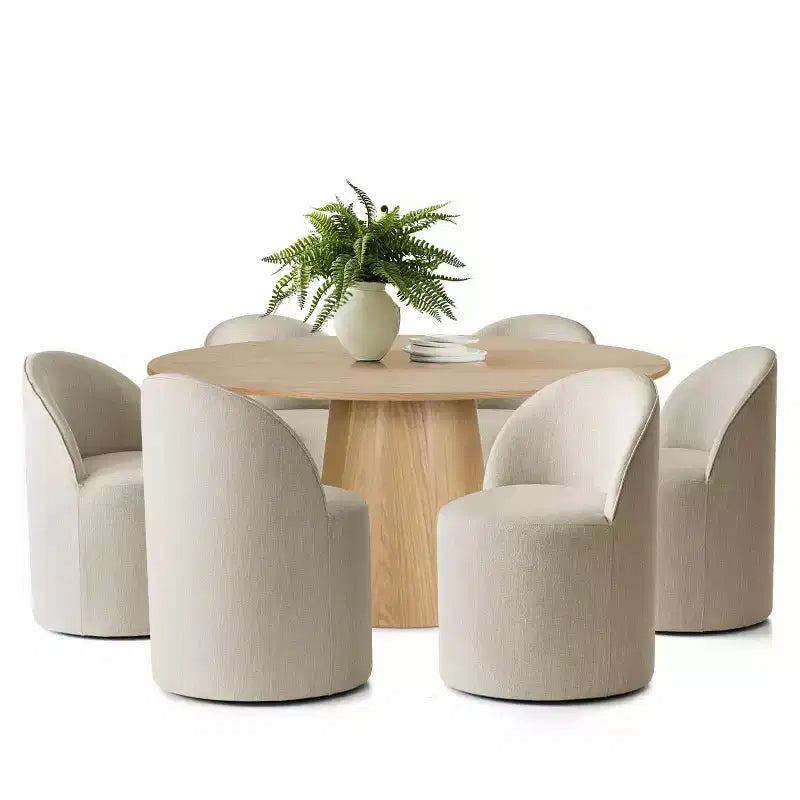 Ensemble Table à Manger Ronde 6 Places, Chaises de Salle à Manger Rembourrées à Dossier Arrondi avec Roulettes, Tissu Mélange Lin, Soutien Dorsal Incurvé - Panipeachy