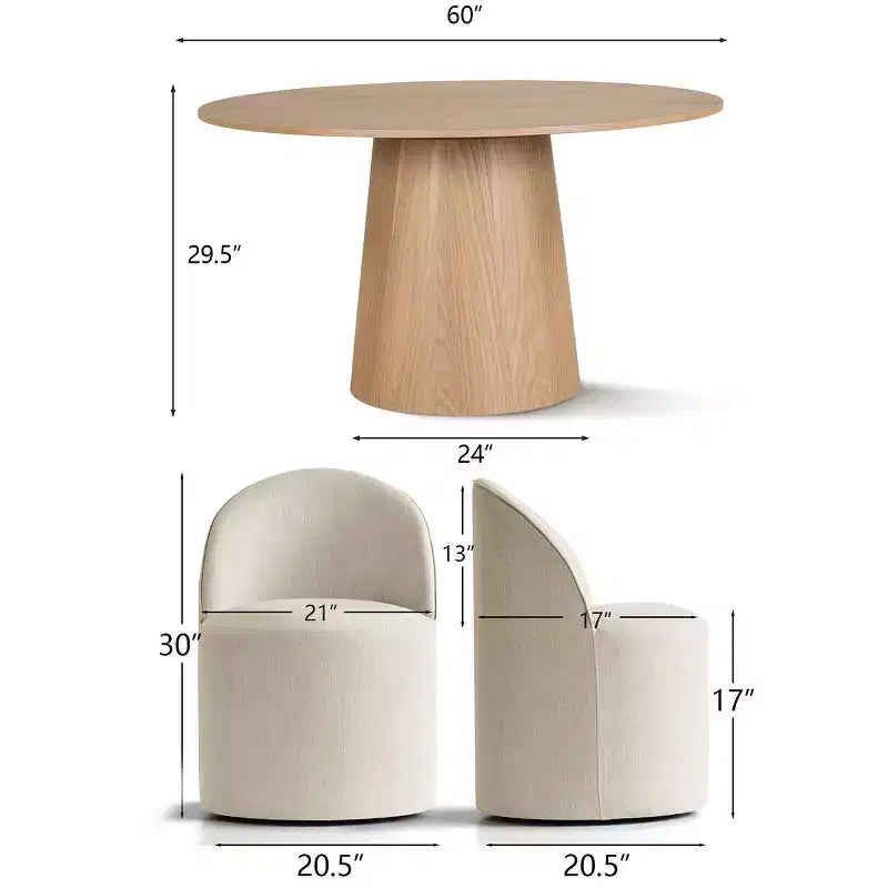 Ensemble Table à Manger Ronde 6 Places, Chaises de Salle à Manger Rembourrées à Dossier Arrondi avec Roulettes, Tissu Mélange Lin, Soutien Dorsal Incurvé - Panipeachy
