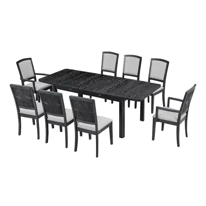 Ensemble de salle à manger extensible 9 pièces pour 6 personnes, table de salle à manger rectangulaire avec rallonge amovible, 6 chaises sans accoudoirs et 2 fauteuils