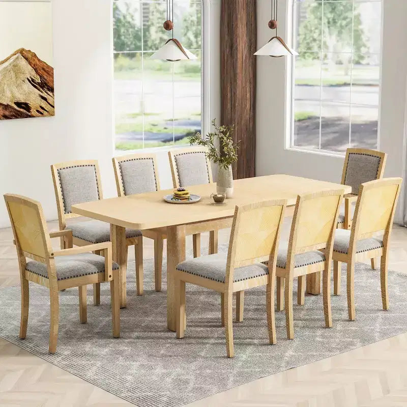 Ensemble de salle à manger extensible 9 pièces pour 6 personnes, table de salle à manger rectangulaire avec rallonge amovible, 6 chaises sans accoudoirs et 2 fauteuils