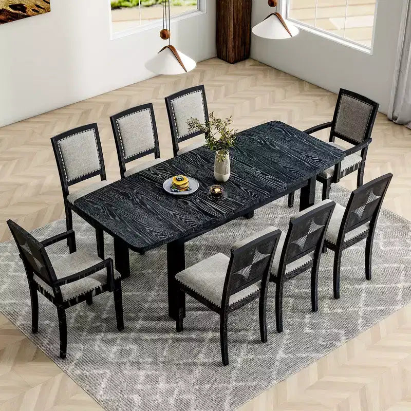 Ensemble de salle à manger extensible 9 pièces pour 6 personnes, table de salle à manger rectangulaire avec rallonge amovible, 6 chaises sans accoudoirs et 2 fauteuils