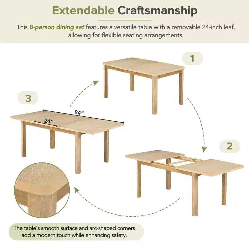 Ensemble de salle à manger extensible 9 pièces pour 6 personnes, table de salle à manger rectangulaire avec rallonge amovible, 6 chaises sans accoudoirs et 2 fauteuils
