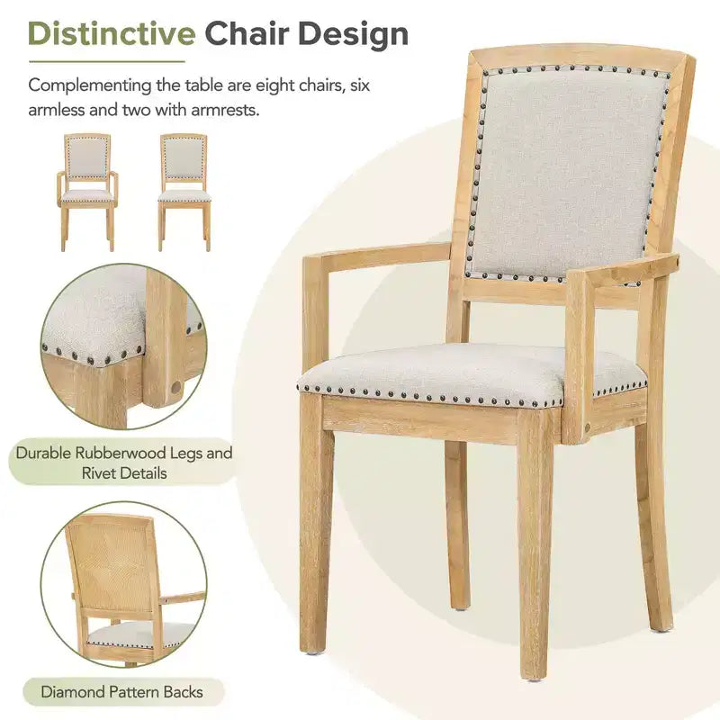Ensemble de salle à manger extensible 9 pièces pour 6 personnes, table de salle à manger rectangulaire avec rallonge amovible, 6 chaises sans accoudoirs et 2 fauteuils