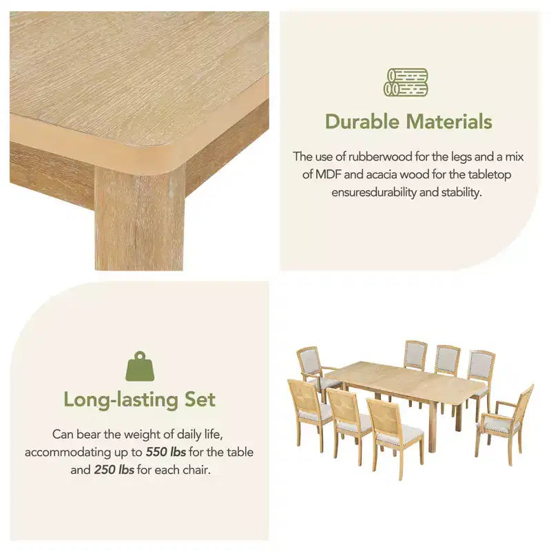 Ensemble de salle à manger extensible 9 pièces pour 6 personnes, table de salle à manger rectangulaire avec rallonge amovible, 6 chaises sans accoudoirs et 2 fauteuils