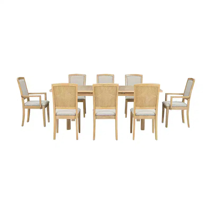 Ensemble de salle à manger extensible 9 pièces pour 6 personnes, table de salle à manger rectangulaire avec rallonge amovible, 6 chaises sans accoudoirs et 2 fauteuils