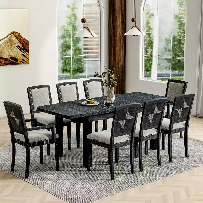 Ensemble de salle à manger extensible 9 pièces pour 6 personnes, table de salle à manger rectangulaire avec rallonge amovible, 6 chaises sans accoudoirs et 2 fauteuils