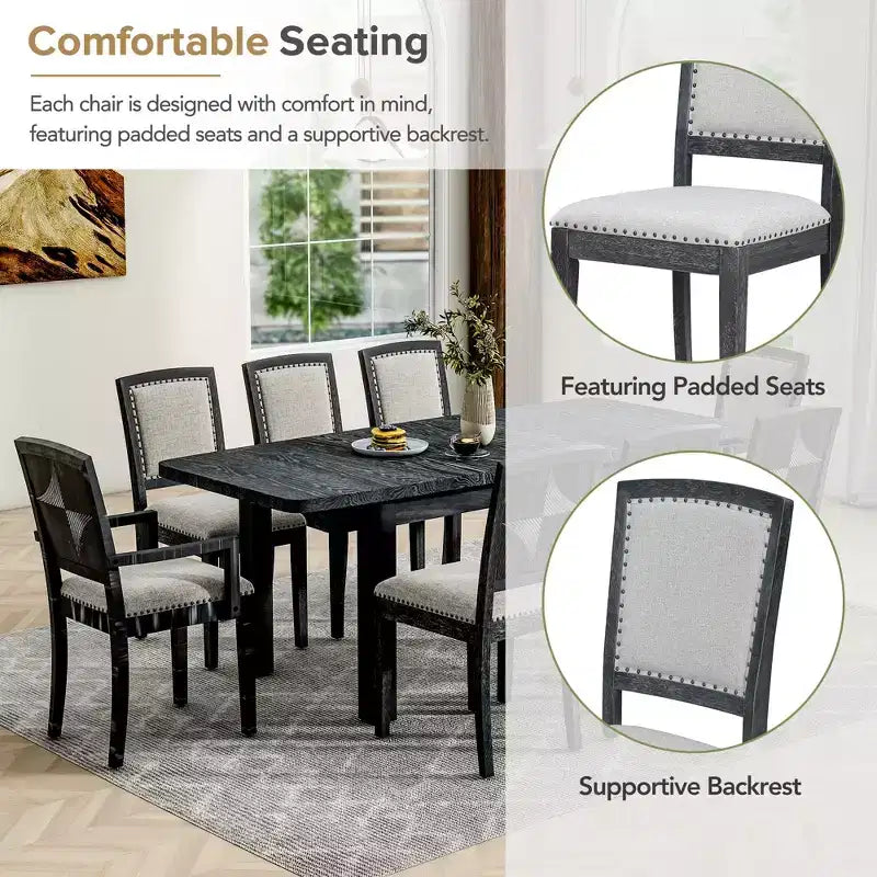 Ensemble de salle à manger extensible 9 pièces pour 6 personnes, table de salle à manger rectangulaire avec rallonge amovible, 6 chaises sans accoudoirs et 2 fauteuils