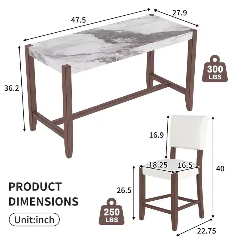 Ensemble de salle à manger avec table haute en marbre, ensemble table de bar avec 2/4 chaises rembourrées pour salle à manger, pub, cuisine, petits espaces, beige marron