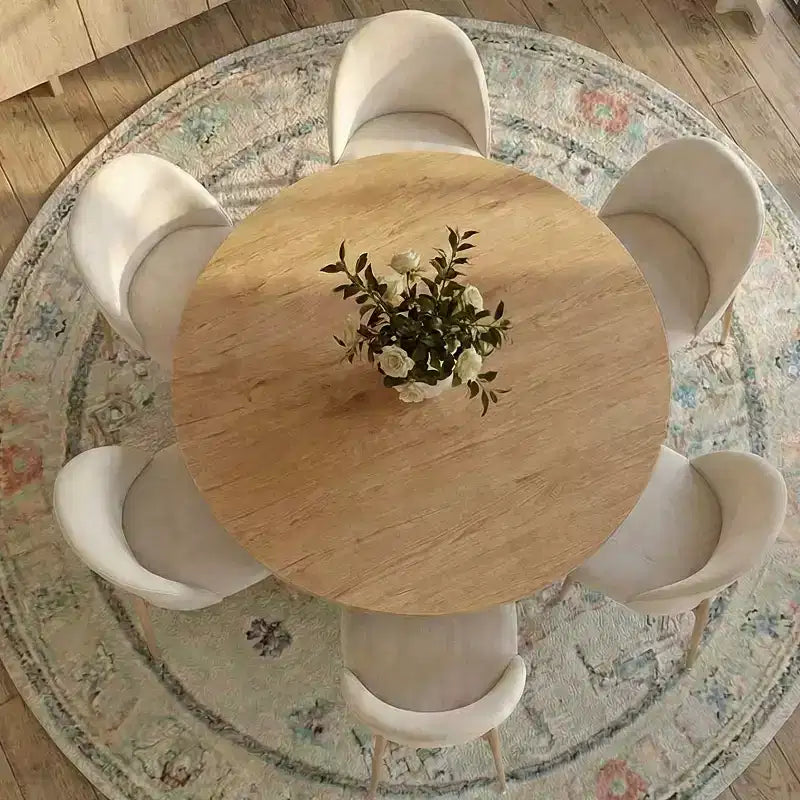 Ensemble de salle à manger rond Japandi pour 6 personnes, table à pied central en croix avec chaises de salle à manger rembourrées, ensemble de salle à manger rustique 7 pièces de style ferme - Panipeachy