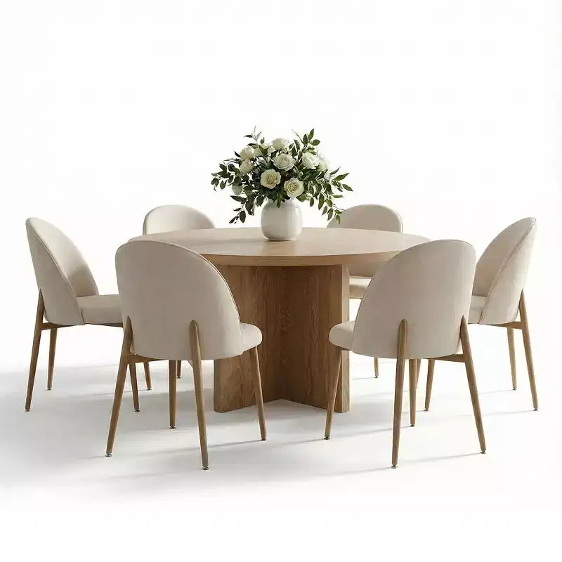 Ensemble de salle à manger rond Japandi pour 6 personnes, table à pied central en croix avec chaises de salle à manger rembourrées, ensemble de salle à manger rustique 7 pièces de style ferme - Panipeachy