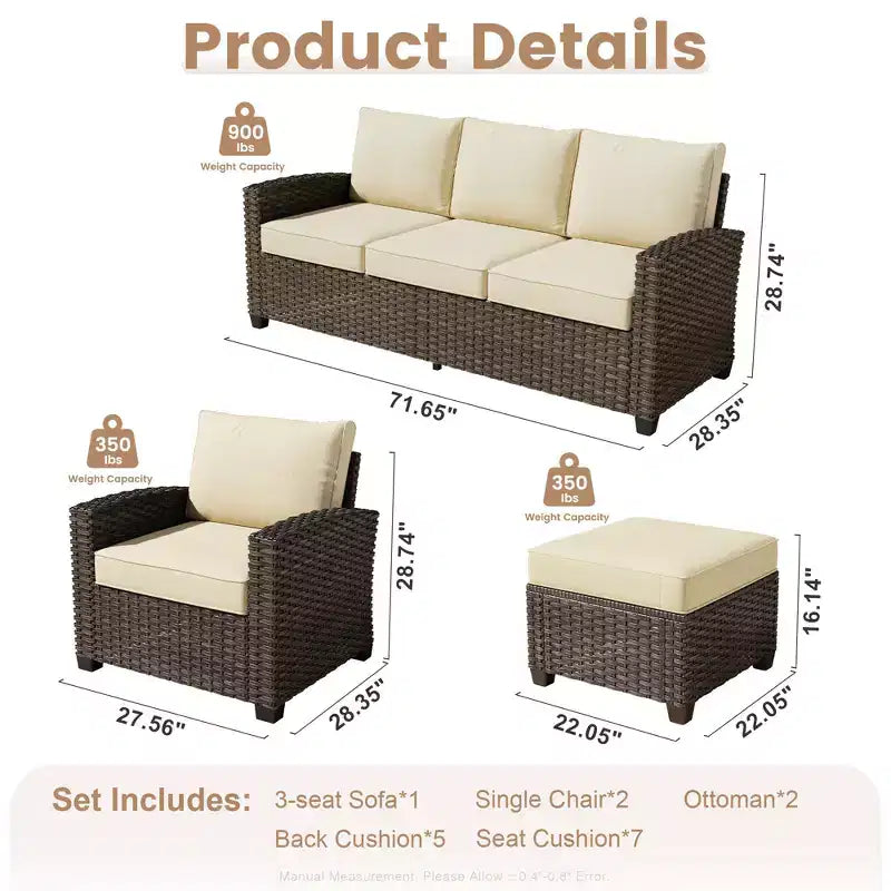 HOMLUX Ensemble de canapés de patio d'extérieur 4 saisons - 3+2+2 places, tout temps, résistant aux intempéries pour jardin