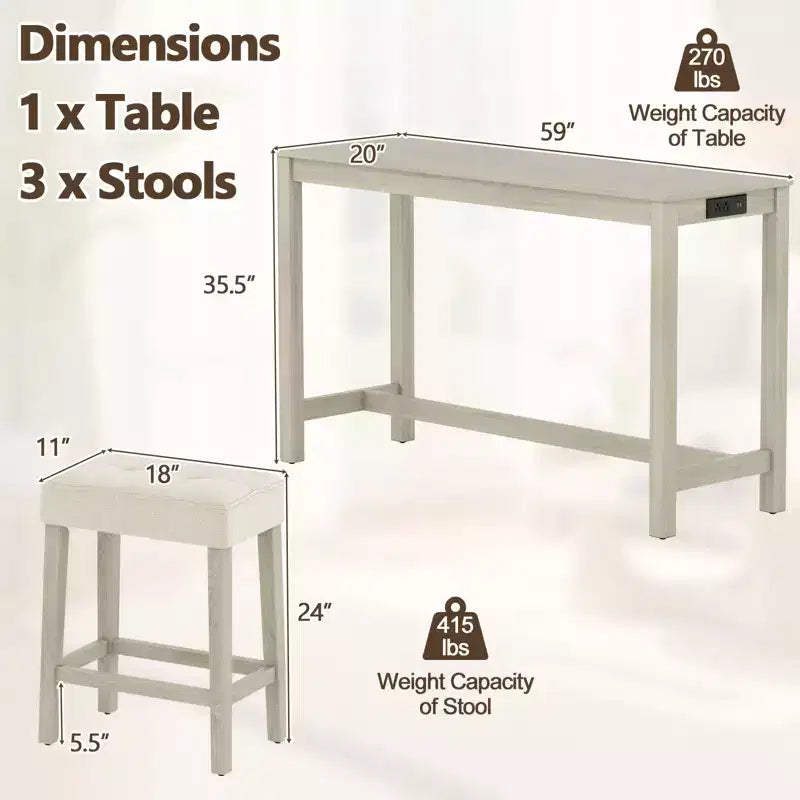 Ensemble de table de bar Costway 4 pièces avec station de recharge et 3 tabourets rembourrés pour salon et cuisine