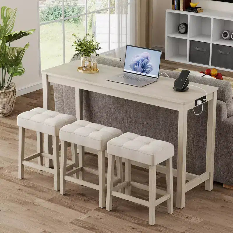 Ensemble de table de bar Costway 4 pièces avec station de recharge et 3 tabourets rembourrés pour salon et cuisine