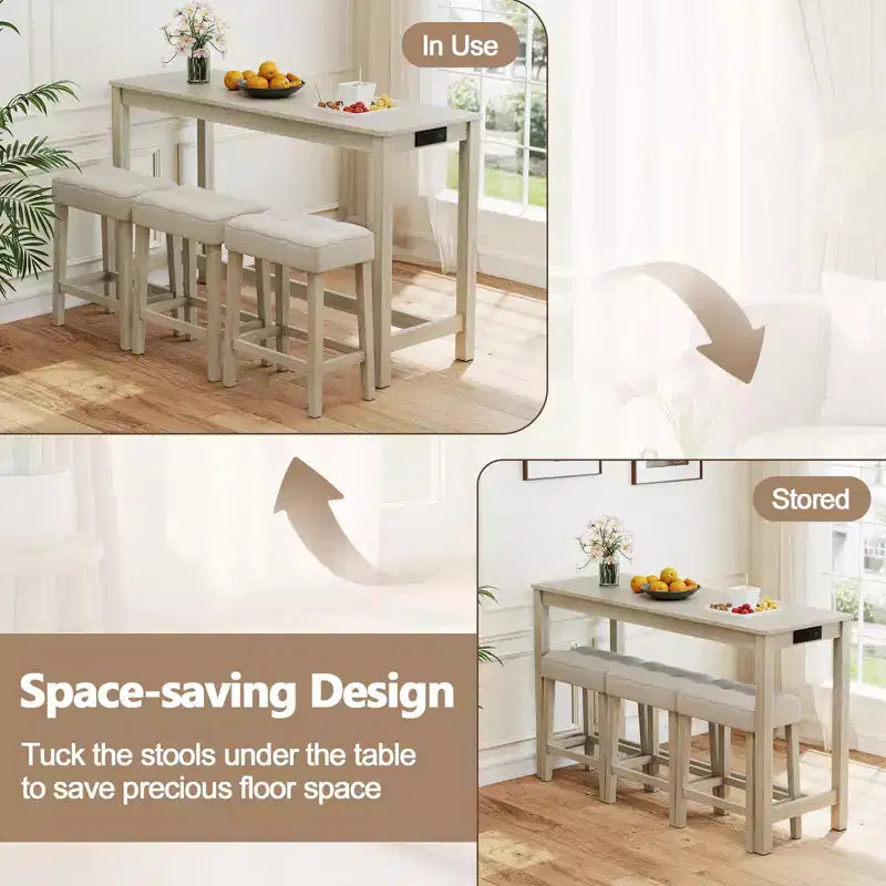 Ensemble de table de bar Costway 4 pièces avec station de recharge et 3 tabourets rembourrés pour salon et cuisine