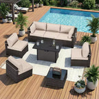 Ensemble de canapés d'extérieur haut de gamme UPTIOT avec méridiennes d'angle, fauteuils d'appoint et table brasero grise convertible pour un confort ultime sur votre terrasse