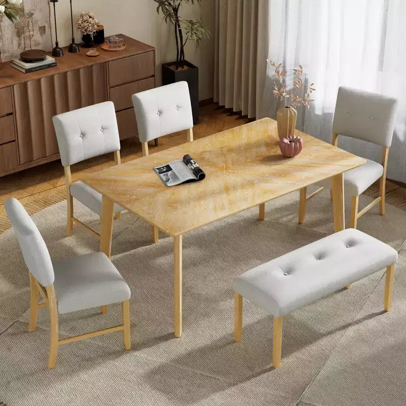 6-Piece Rustic Dining Set with Wood Table, 4 Chairs, and Bench for 6 People