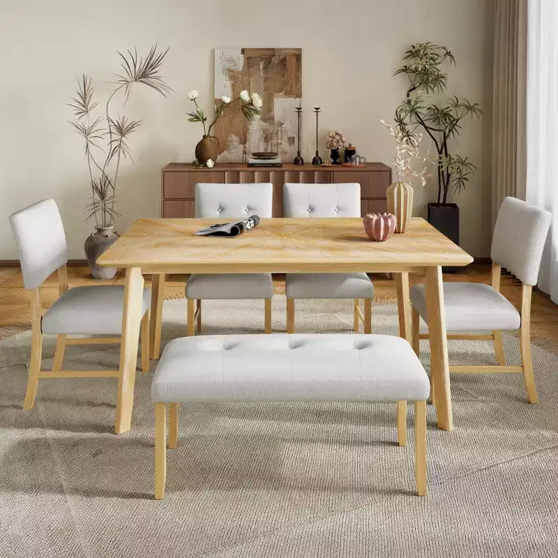 Ensemble de salle à manger rustique 6 pièces avec table en bois, 4 chaises et banc pour 6 personnes