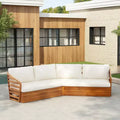 Whisen Outdoor Acacia Wood Patio Sofa Setctional Set with Plush Seats and Back Cushions - Beige