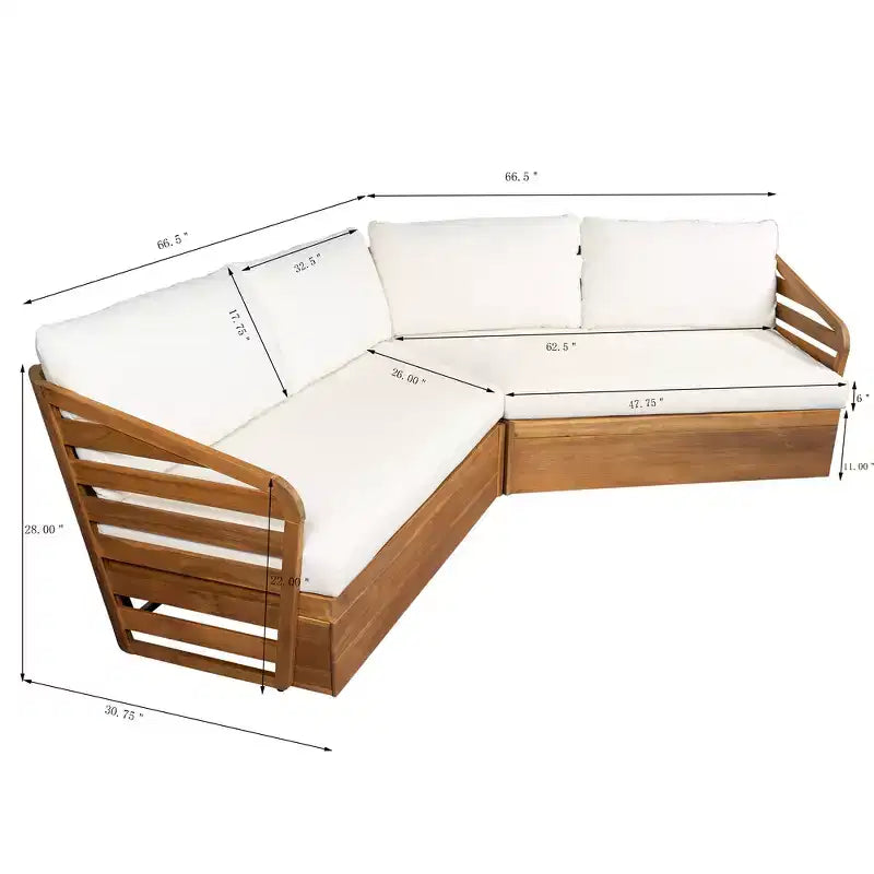 Ensemble de canapés de patio modulables Whisen Outdoor en bois d'acacia avec coussins d'assise et de dossier moelleux - Beige